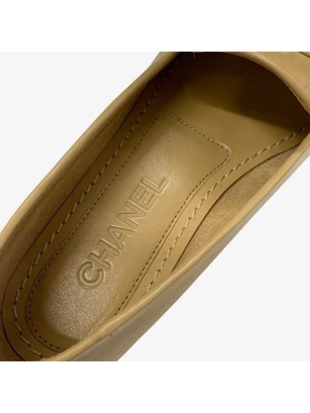 Chanel Loafer Leather Shoes Beige Coco Mark Pearl - Picture 7 of 10